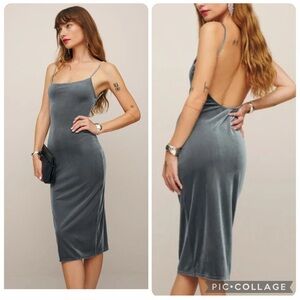Reformation Merel Velvet Midi Dress Silver Sleek Minimalist Scandinavian Size XL